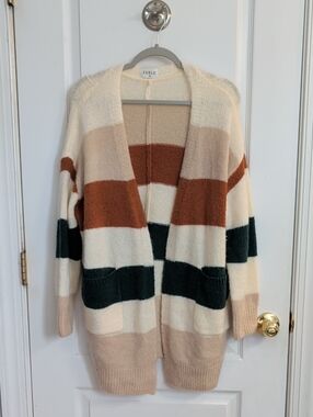 Fable Striped Open-Front Cardigan Cream Rust Green Fall Layering Granola Retro